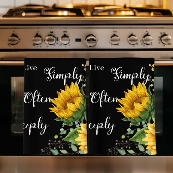 Yellow Sunflowers Kitchen Towels Set of 3, Farmhouse Floral Rustic Botanical Black Absorbent Dish Towels for Kitchen, Microfiber Hand Towel, Quick Drying Tea Towel for Cleaning Decorative Dishcloths