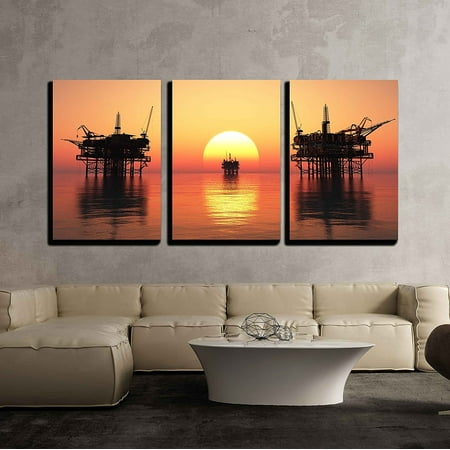 Oil Wall Art Piece wall26 - 3 Piece Canvas Wall Art - Oil Rig at Late Evening - Modern Home Decor Stretched and Framed Ready to Hang - 24