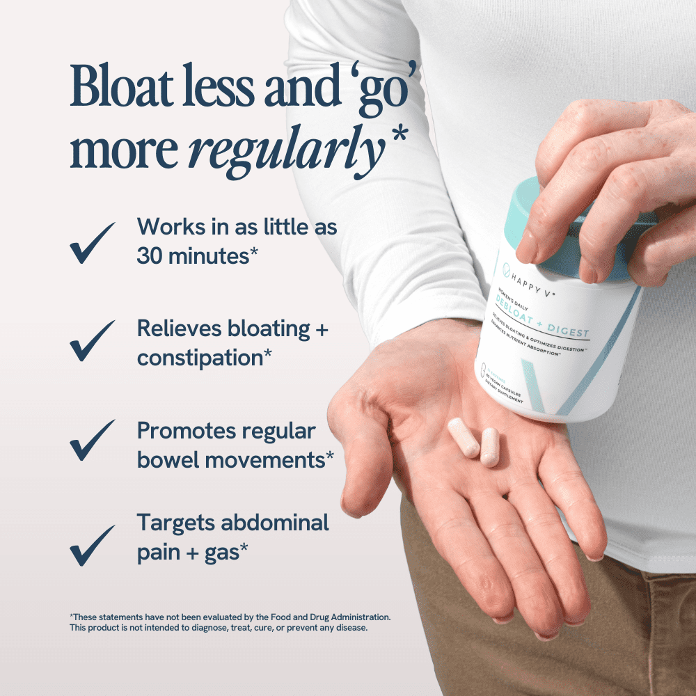 Happy V Debloat + Digest - Digestive Enzymes for Women to Support Bloating, Gas, Constipation, Gut Health, and Nutrient Absorption – Stomach Comfort & Digestion Support Supplement – 60 Vegan Capsules