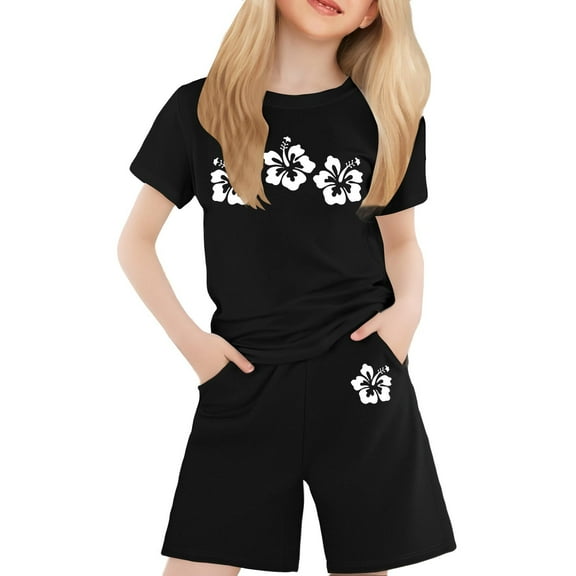 Toddler Girl Outfits 2t-3t Short Sleeve Floral Print T Shirt and Drawstring Shorts Clothing Sets Comfy Summer Clothes,A1-Black,8-9 Years