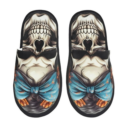 

Yiaed Bow Flower Skull Print Unisex House Slippers Slip on Warm Shoes Indoor Outdoor with Anti-slip sole-Large