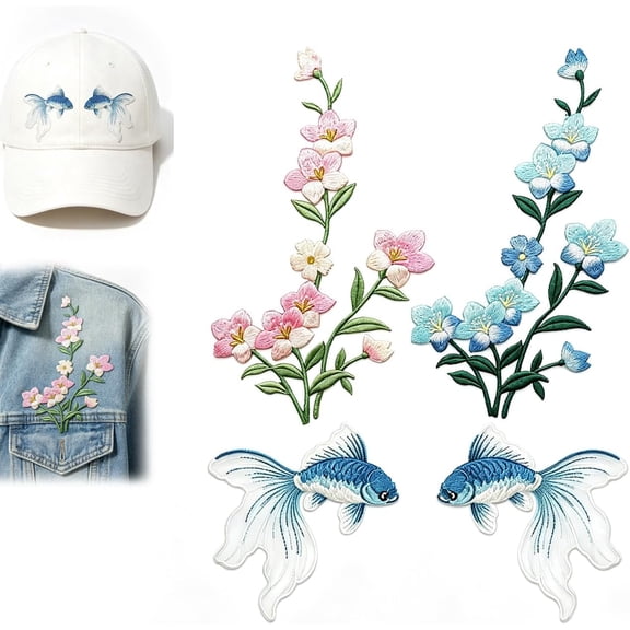 Cherry Blossom Goldfish Iron Patch, Embroidered Iron On or Sew On Flower Applique with Branch Design for Backpacks, Hats, Shirts