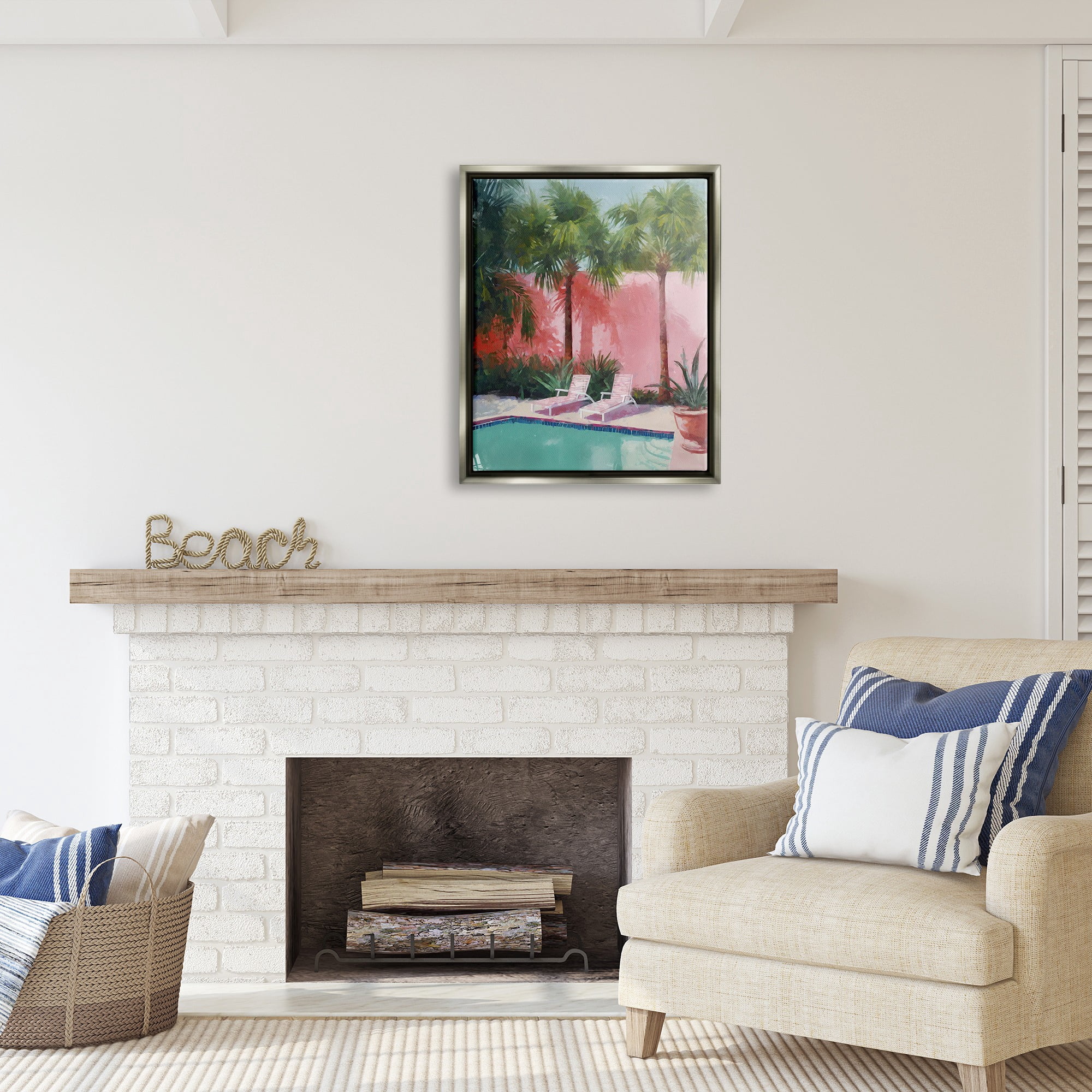 Stupell Industries Tropical Summer Pool Botanical & Floral Painting Gray Floater Framed Canvas Art Print Wall Art, 25 x 31