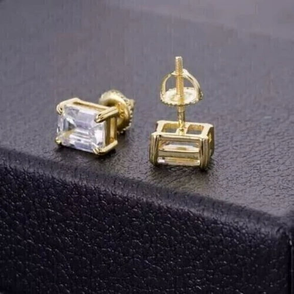 2Ct Emerald Cut Lab Created Diamond Women's Screw Back Stud Earrings in 14K Yellow Gold Plated