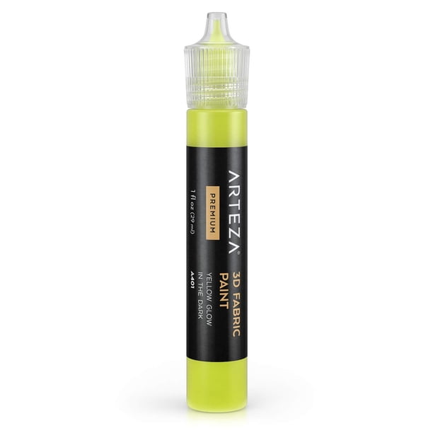Arteza Pintura para tela 3D Amarillo que brilla en la oscuridad A401 Tubo de 1 oz Pintura textil segura para lavadora y secadora para accesorios de ropa Vidrio cerámico y proyectos de bricolaje