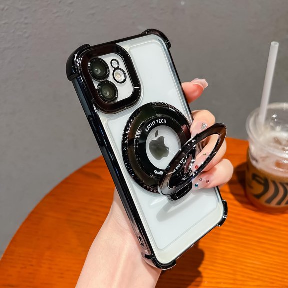 360° Rotatable Magnetic Ring Stand for iPhone 12 Case, [Compatible with Magsafe] Protective Case with Stand & Ring Holder, Luxury Transparent Women Case for iPhone 12, Black