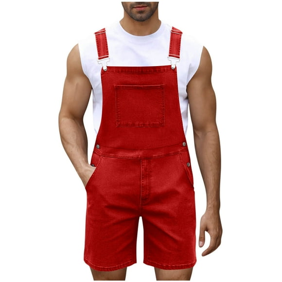LNWUY Mens Casual Bib Overall Shorts Lightweight Cotton Loose Fit Denim Jumpersuit Walkshort Pockets Rompers Red L