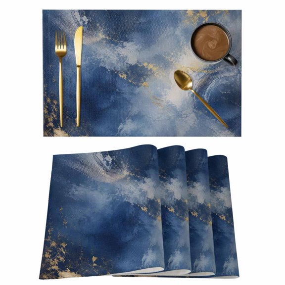 Navy Blue Gradient Placemats Set of 12, Abstract Blue Gold Ombre Mottled Paint Non-Slip Place Mats Washable Table Mats for Kitchen Dining Table Decorations Indoor/Outdoor