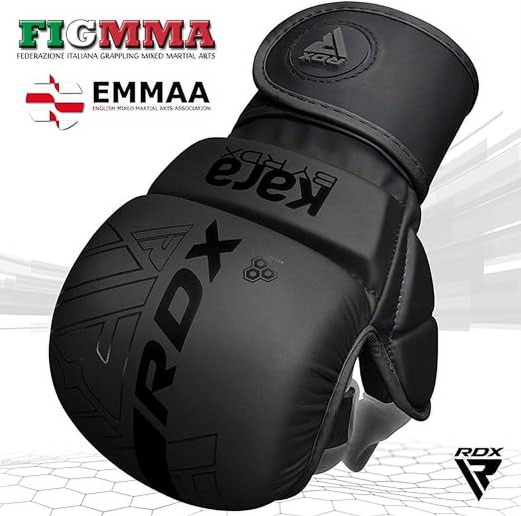 RDX MMA Boxing Gloves Grappling-Training Kickboxing Fighting Muay Thai, Leather Sparring Mitts, Matte Black, S/M