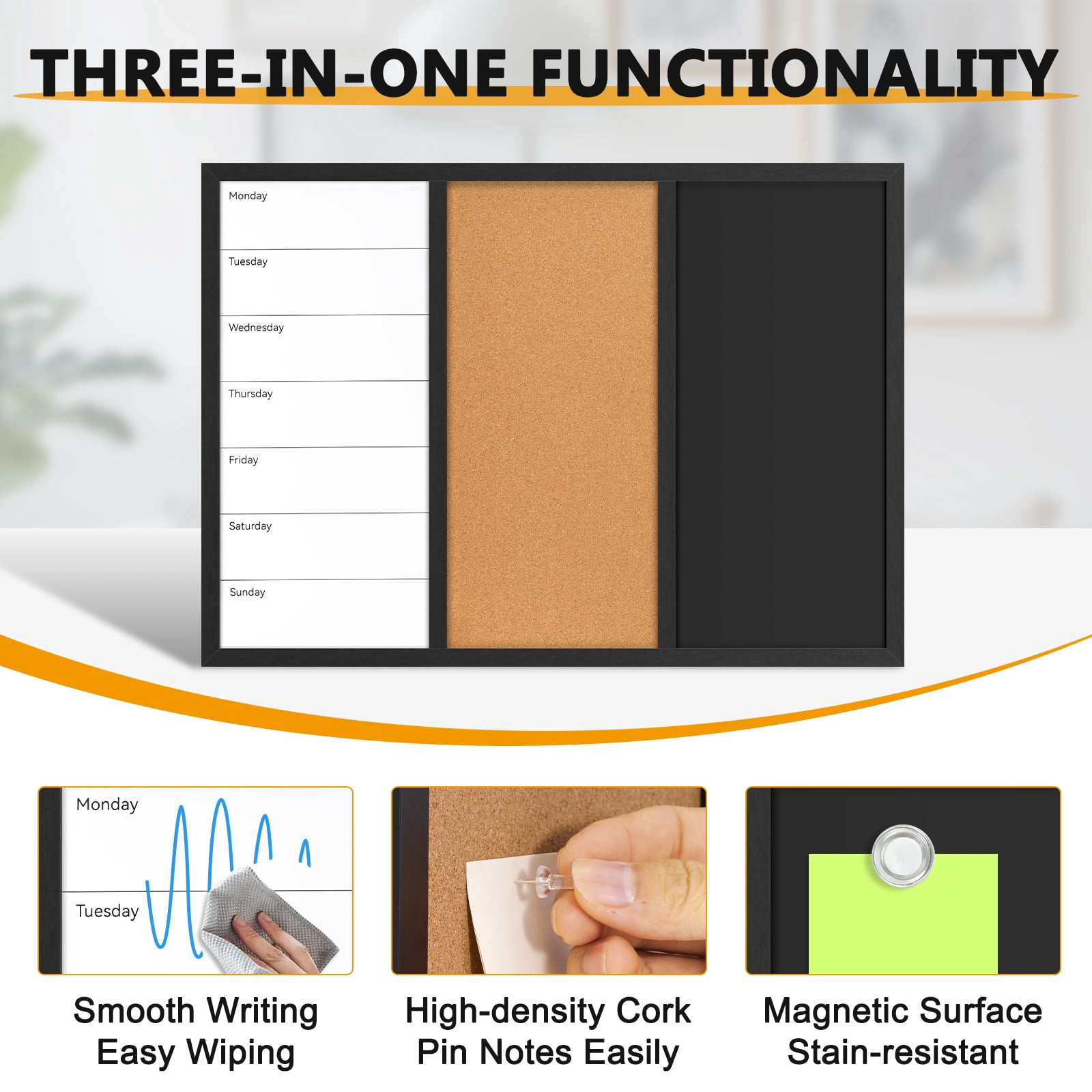 3 In 1 Magnetic Whiteboard Corkboard Chalkboard Combo Wall Board Combination Board Cork/Whiteboard/Chalkboard Combo Bulletin Dry Erase Calendar Whiteboard Weekly Message Organizer 20"x28", Black