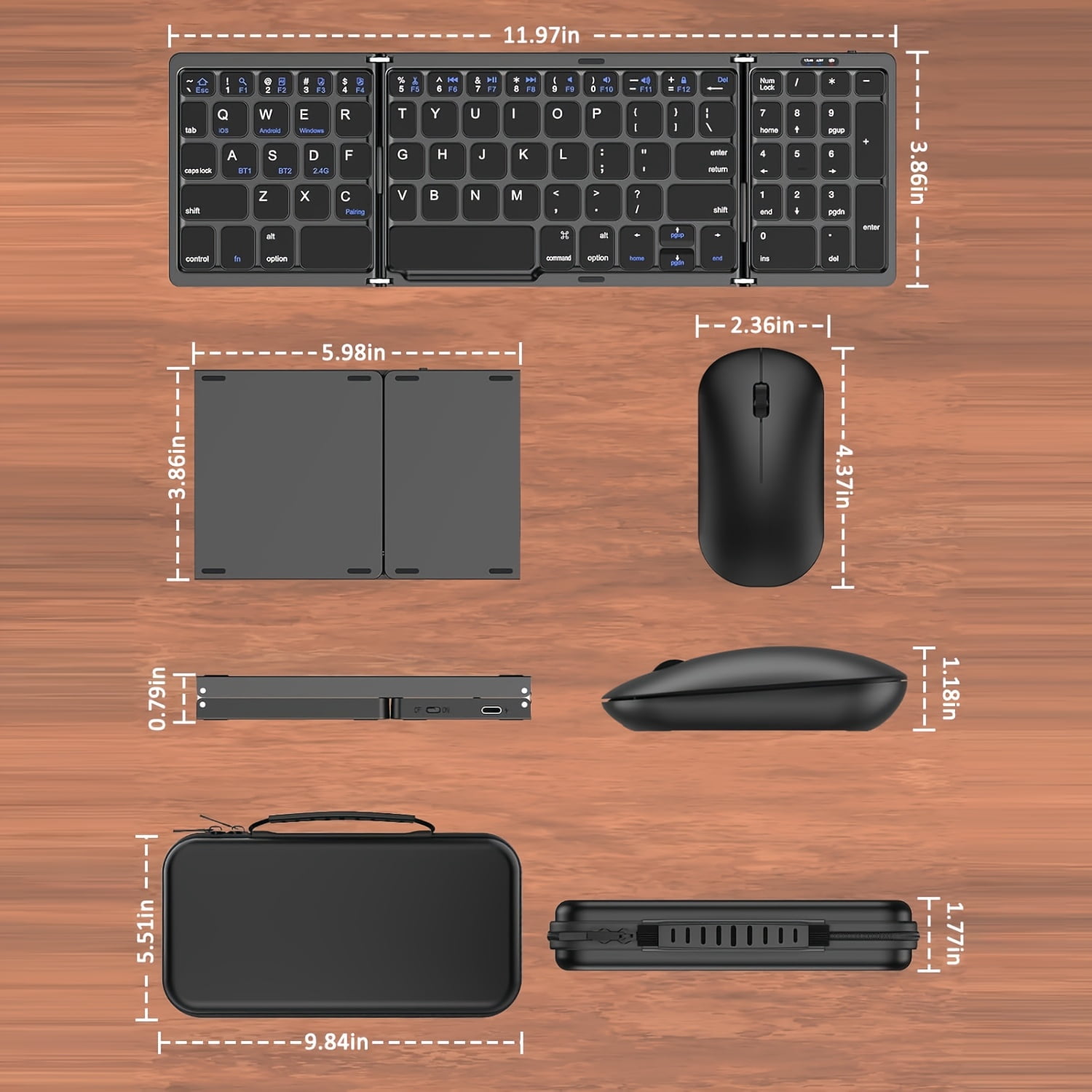Rechargeable Foldable Keyboard with 2.4G Wireless + Bluetooth Mouse Combo, Folding Wireless Keyboard and Mouse with Portable Case for Windows, iOS, Android, macOS PC/Laptop/Tablet