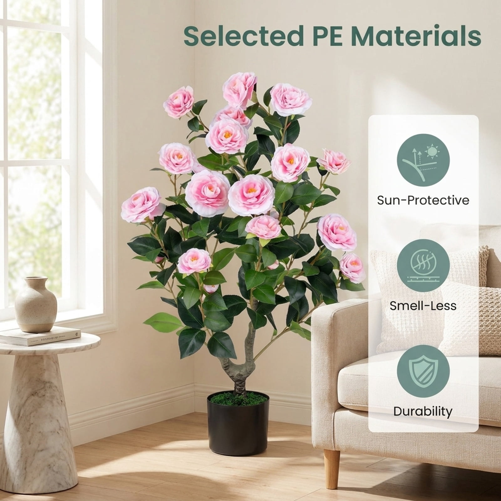 Vebreda Artificial Plant Decor, 2-Pack Artificial Camellia Tree Faux Flower Plant in Cement-Filled Pot, Lifelike & Elegant Design