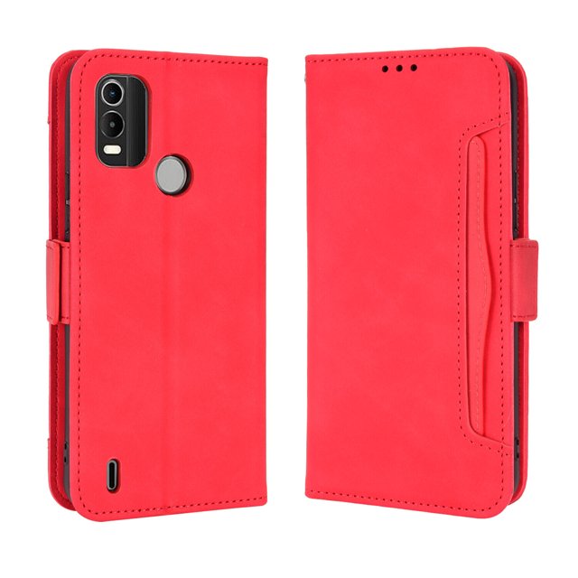 Étui pour Nokia C21 Plus, Couverture Réglable, Porte-Cartes Détachable, Fermeture Magnétique, Étui Portefeuille en Cuir - Rouge
