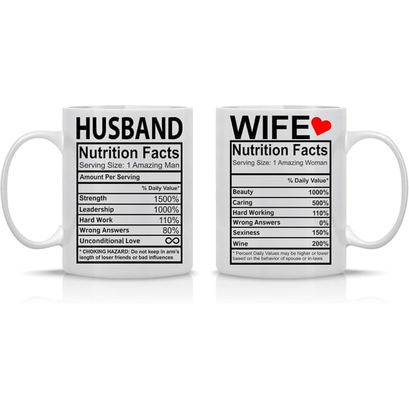 Husband & Wife Nutrition Facts Coffee Mug Set - 11oz Ceramic Cup, Funny Anniversary & Wedding Gift for Him & Her