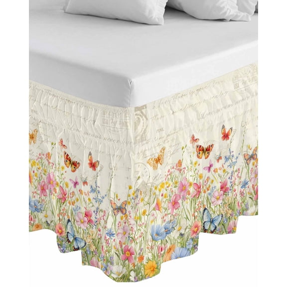 Spring Summer Botanical Wrap Around Bed Skirts for Queen Bed 16" Drop, Bed Skirt with Adjustable Elastic Belt Dust Ruffle Bed Valance for Bedroom Hotel Luxury Butterfly Floral Vintage Bed Frame Cover