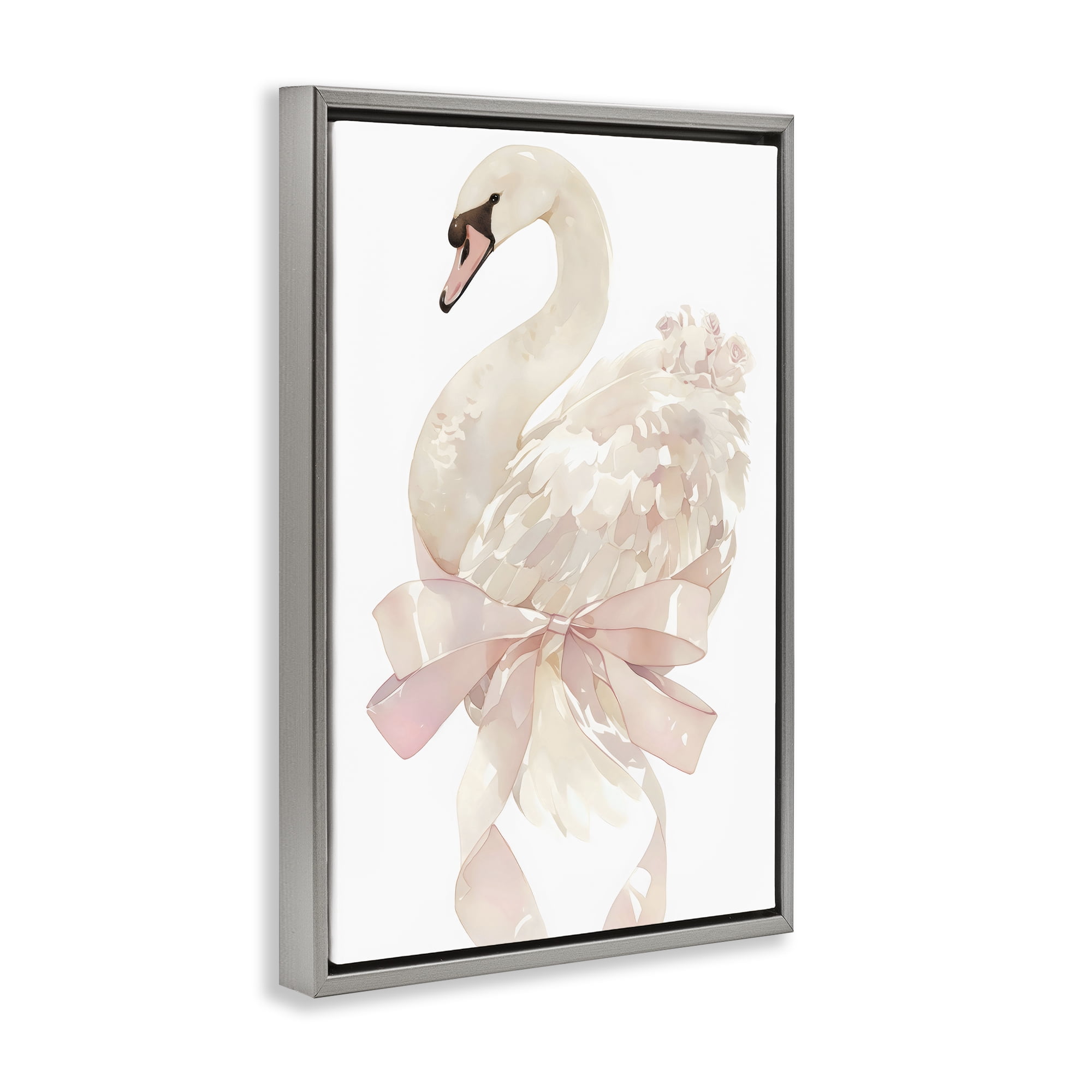 Stupell Industries Coquette Swan with Bow Gray Framed Floater Canvas Wall Art, design by Creative Studio