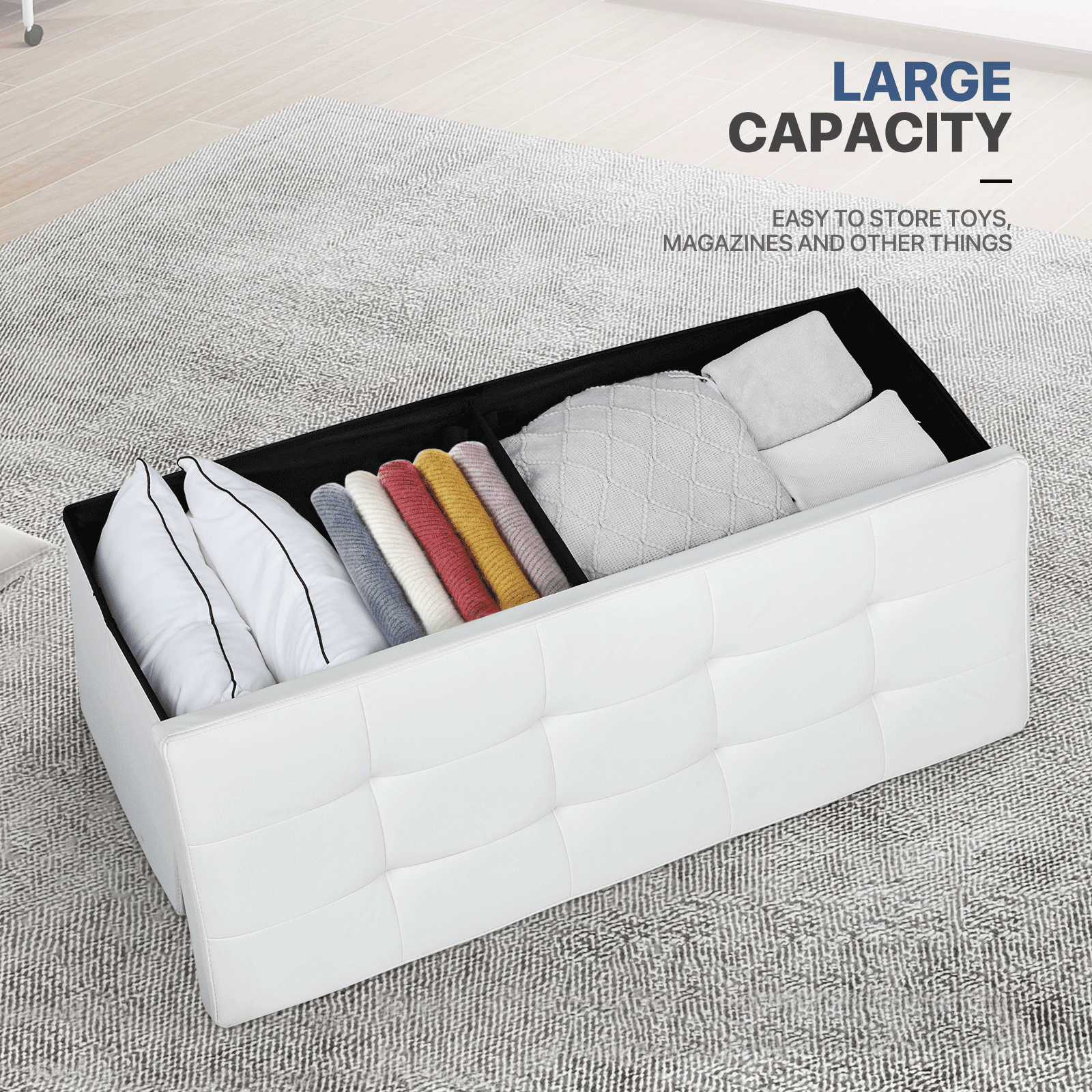 MoNiBloom 43" Collapsible Ottoman with Storage, PU Leather Storage Ottoman Bench, Modern Storage Footstool for Living Room Bedroom Entryway, White