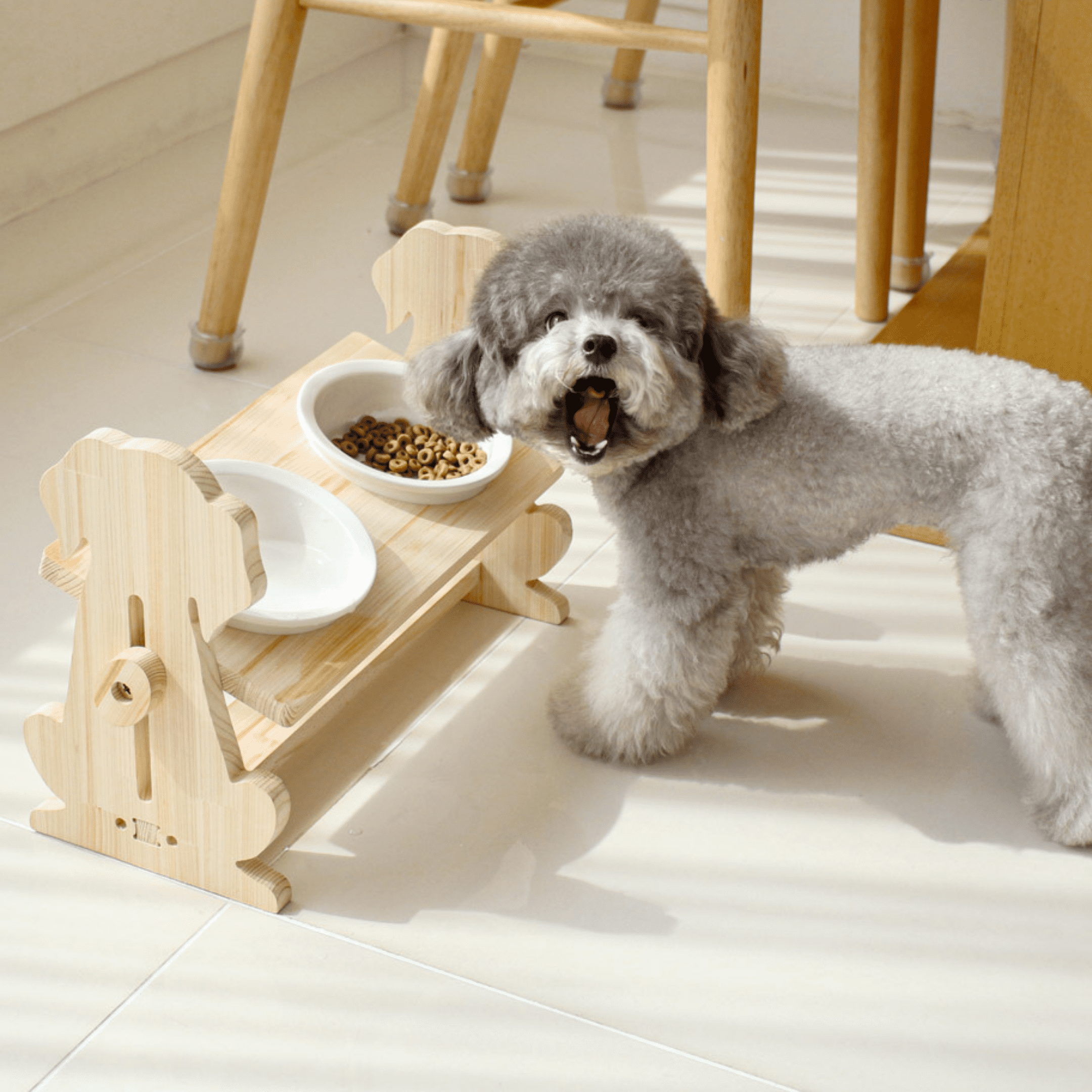 Cypress Wood Adjustable Bowl Set - For Dog & Cat Allergy Free Height Adjustable, Relaxing Angle, Sanitary Ceramic Dishes with high end furniture grade.