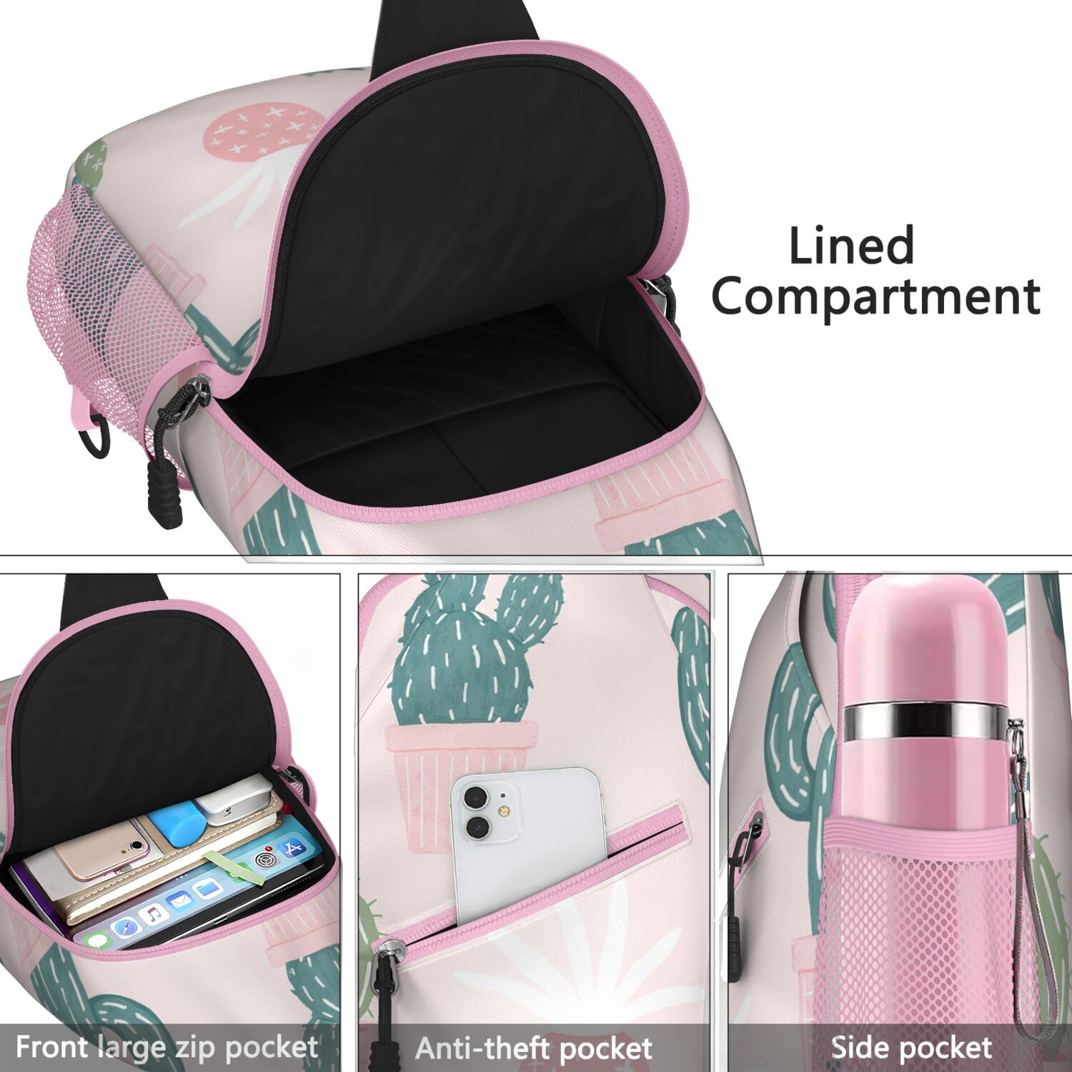 Sling Backpack Crossbody Shoulder BagTravel Sling Bag for Hiking Dating Gym Cycling Working Cactus