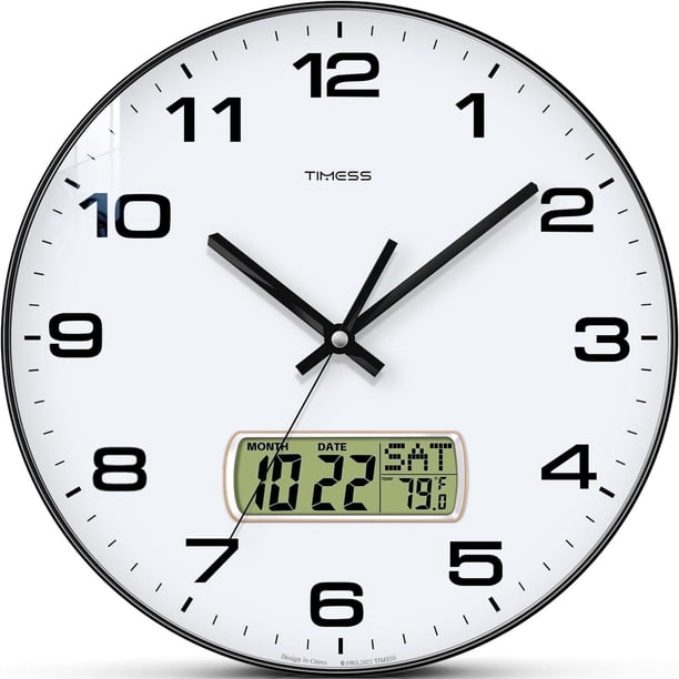 TIMESS 14" Reloj de Pared Analógico con Pantalla de Fecha, Reloj Moderno a Batería para Sala de Estar (Negro)