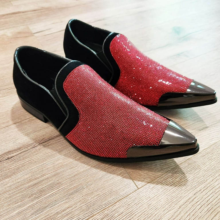 Men's Patent Leather Sparkle Bling Dress Shoes, Slip-On with Metal