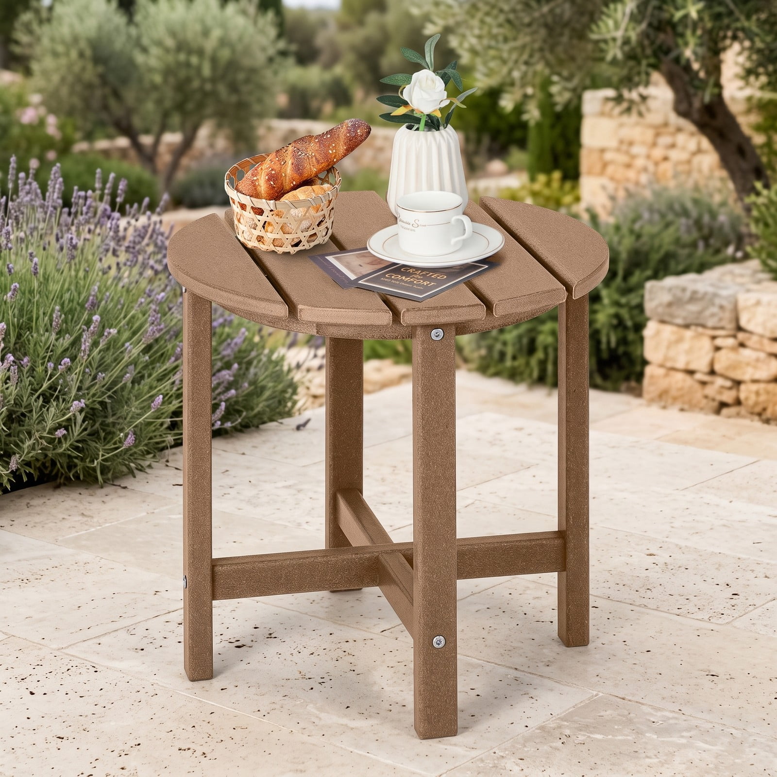 Furnibear Set of 2 18 Inch Round Weather Resistant HDPE Adirondack Side Tables for the Patio Porch Deck and Garden, Brown