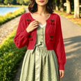 thumbnail image 2 of Arlun 3D Cherry Cropped Cardigan Sweater for Women Classic Crew Neck Open Front Long Sleeve Chunky Cardigans Cute Trendy Fall Winter Button down Short Outerwear, 2 of 6