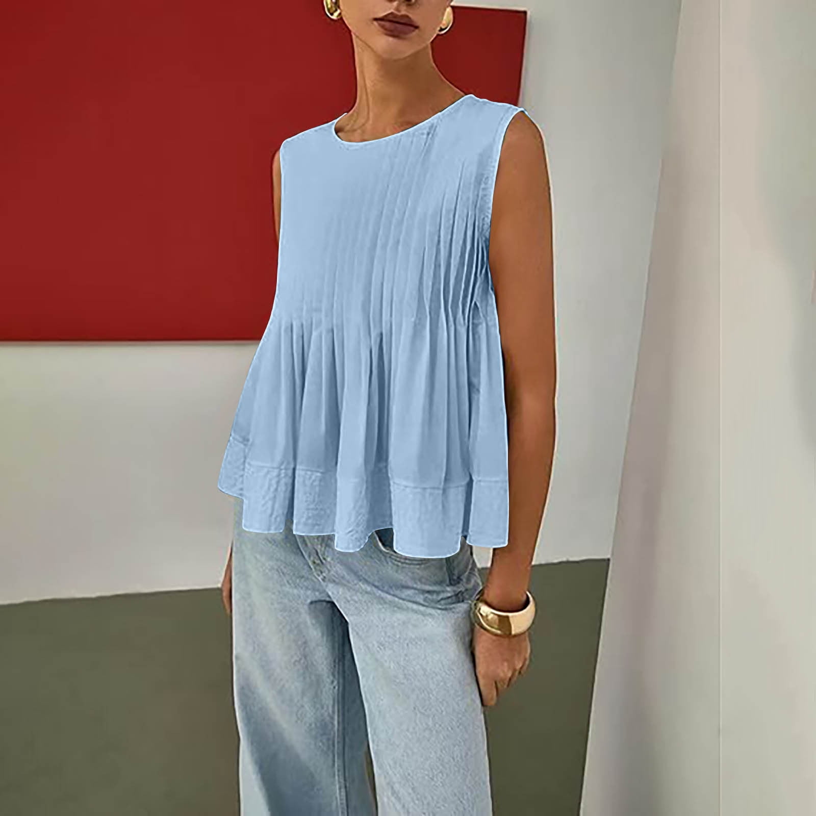 Womens Summer Pleated Peplum Sleeveless Solid Blouse Tank Tops Round Neck Y2K Babydoll Blouse Cotton Shirt