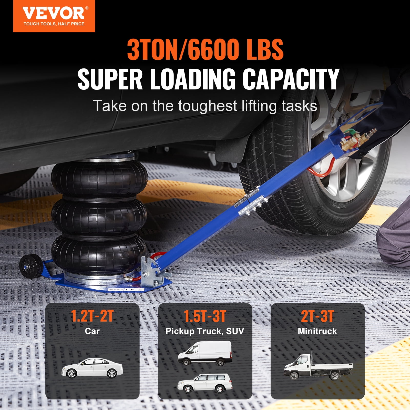 VEVOR Air Jack, 3 Ton/6600 lbs Triple Bag Air Jack, Airbag Jack with Six Steel Pipes, Lift up to 17.7", 3-5 s Fast Lifting Pneumatic Jack, with Adjustable Long Handles for Cars, Garages, Repair(Blue)