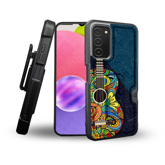 ANJ  Rugged Shockproof Holster Case Card Slot Kickstand   Tempered Glass Cover for Samsung Galaxy A03s - Paisley Guitar