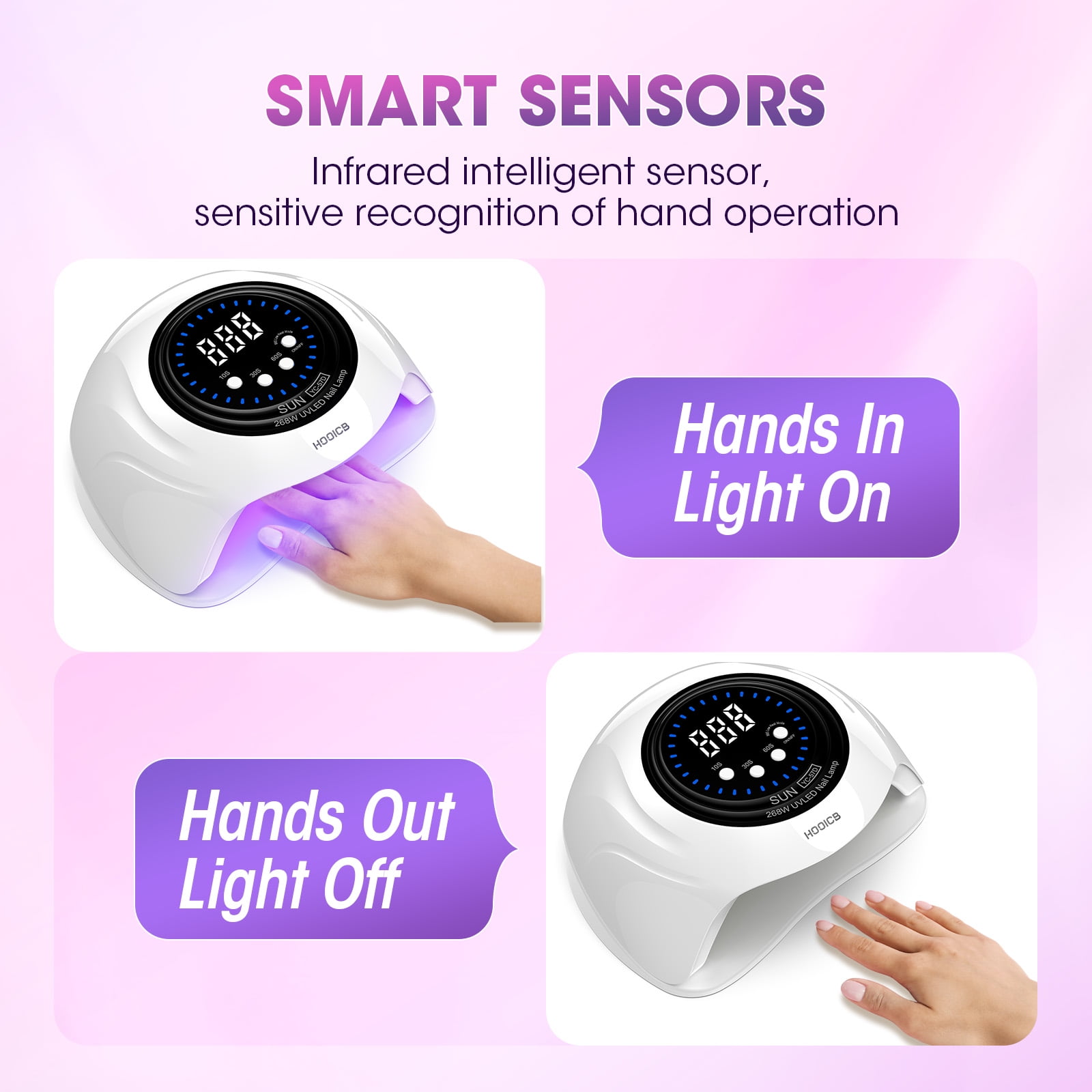 HOOICB UV LED Nail Lamp, 268W Nail Light for Gel Polish, 4 Timers, 57 Lamp Beads and Automatic Sensor for Manicure Salon and Home