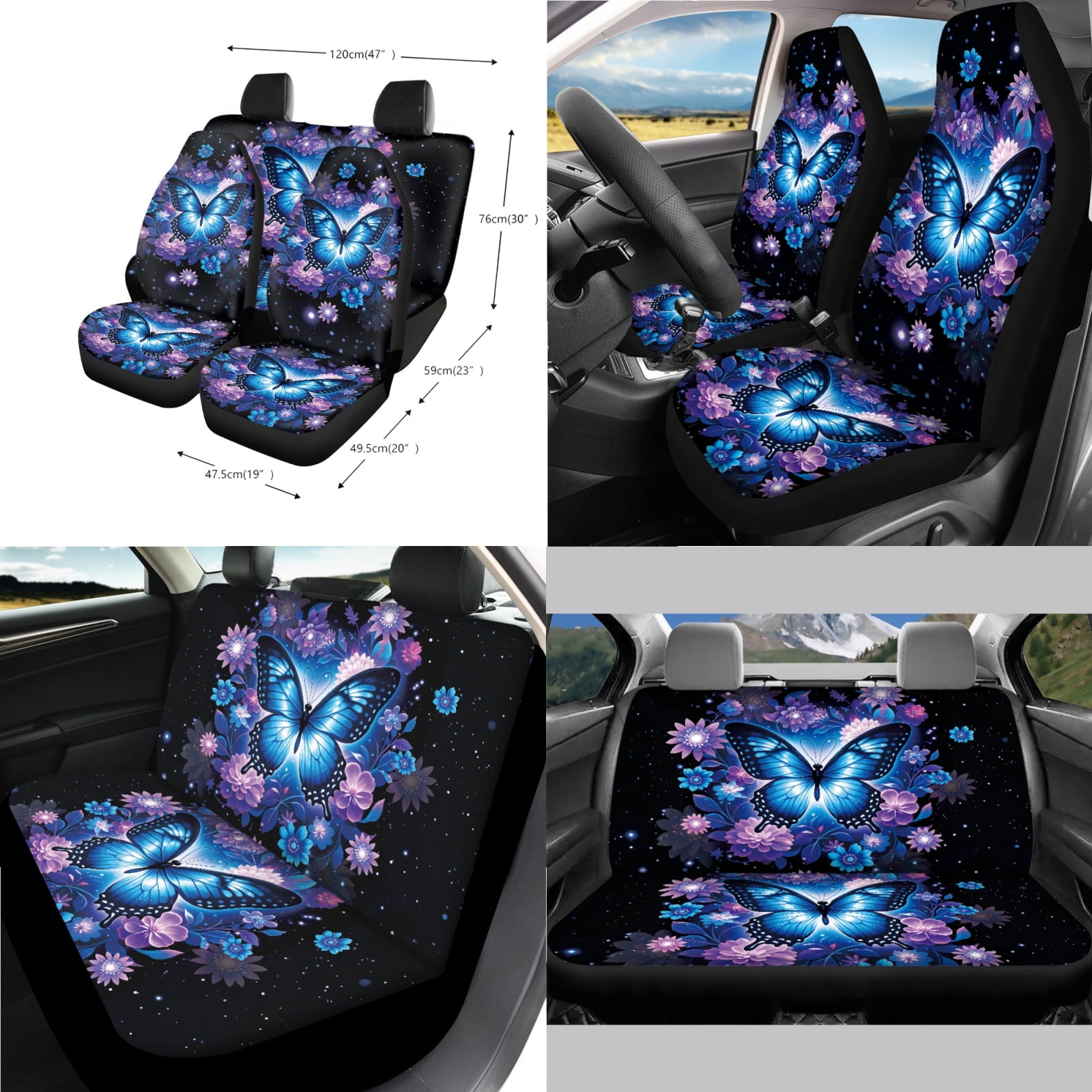 Renewold Butterfly Flower 14 Pack Car Accessories, Universal Auto Seat Protector Steering Wheel Seatbelt Strap Pad Trash Can Armrest Pad Cup Holders Rearview Mirror Handbrake Cover Set, Blue Purple