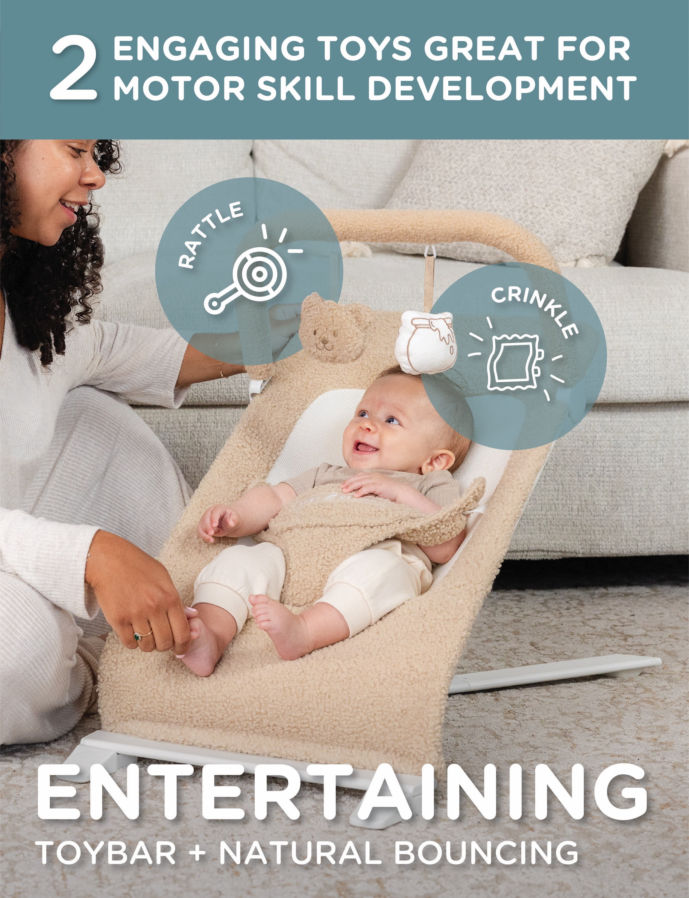 Baby Delight Alpine Portable Baby Bouncer, Tan Sherpa, Plush & Lightweight with 3 Recline Positions, Tan Sherpa