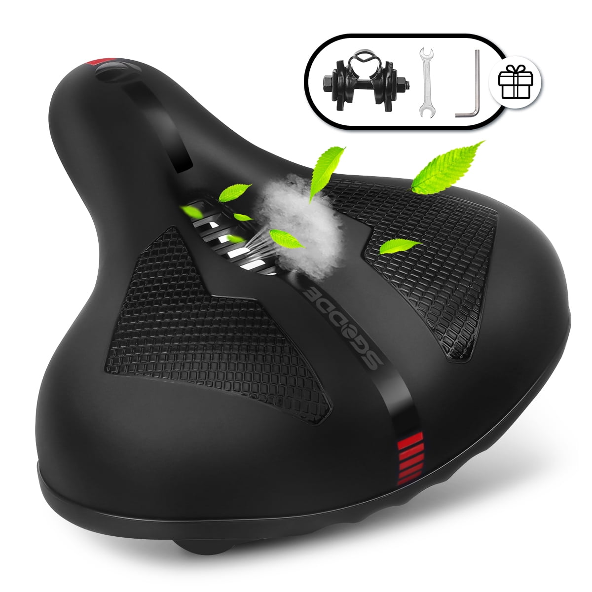 SGODDE Comfortable Bike Seat, Wide Bicycle Saddle Replacement Memory Foam Padded Bike Cushion Universal Fit for Indoor/Outdoor Bikes