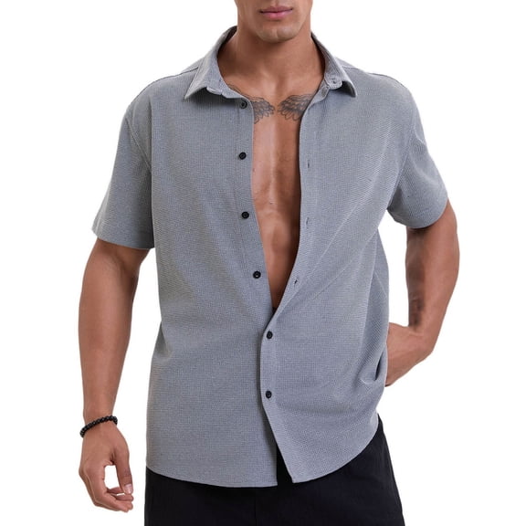 Men's Waffle-knit Shirts Short Sleeve Button Down Regular Fit Business Casual Collared Blouses Summer Outfits (XL, Gray)
