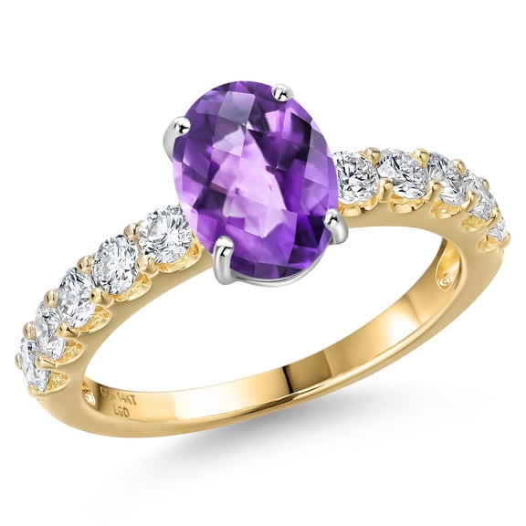 Gem Stone King 14K Two Tone Gold Purple Amethyst and Lab Grown Diamond Engagement Ring for Women | 2.15 Cttw | Oval Checkerboard 9X7MM | Gemstone February Birthstone | Size 6