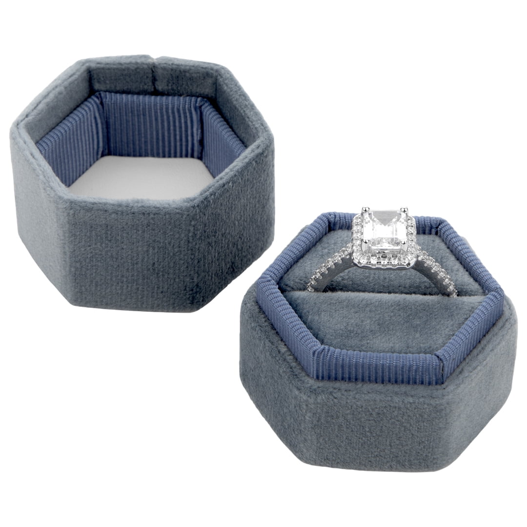 Koyal Wholesale Velvet Ring Box, Dusty Blue, Hexagon Vintage Ring Box