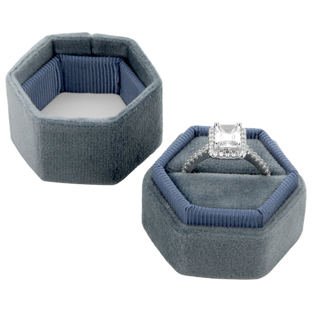 Koyal Wholesale Koyal Wholesale Velvet Ring Box, Dusty Blue, Hexagon