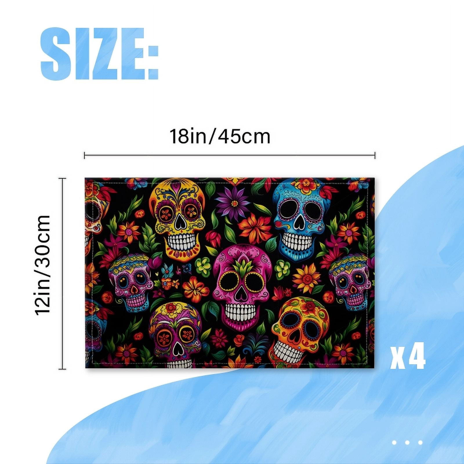 BaHomeck placemats Set of 4 rectangle Linen Cotton Placemats for Dining Table Washable Heat Resistant,18*12inch,Colorful Skulls And Flowers Set Against A Black Background