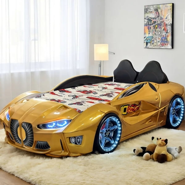 GTM Twin Race Car Bed for Kids with LED Headlights, Sound FX, Remote Control and Realistic Design, Sturdy and Fun Sleep Solution