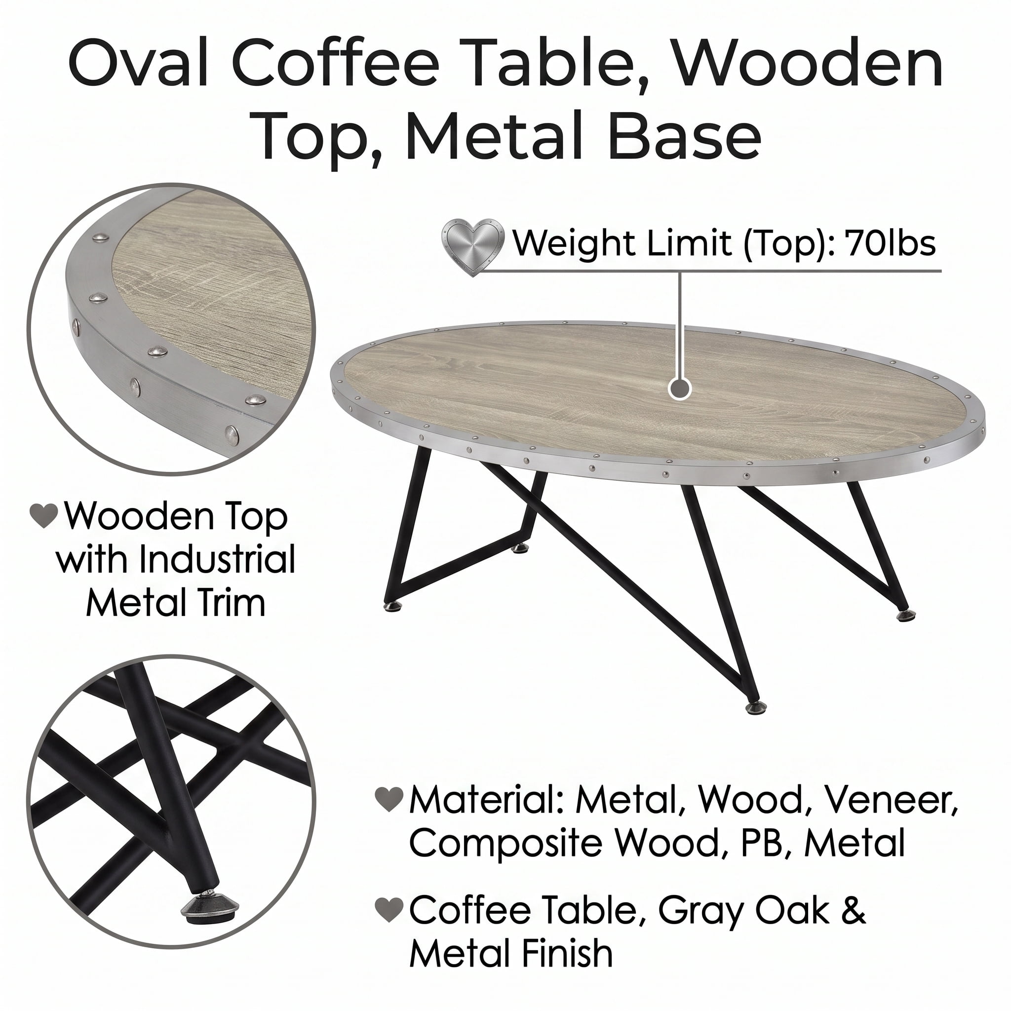 Coffee Table, Gray Oak & Metal Finish