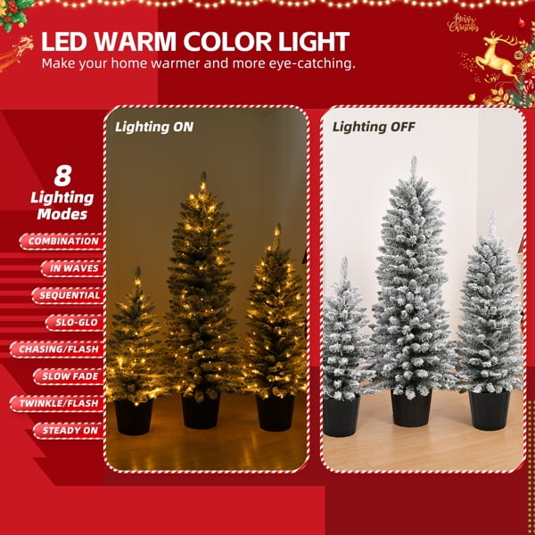 3-Piece Pre-Lit Flocked Christmas Tree Set - Warm White LEDs, Snowy Green PVC Branches, Flame-Retardant, Holiday Decor for Home/Living Room/Entryway