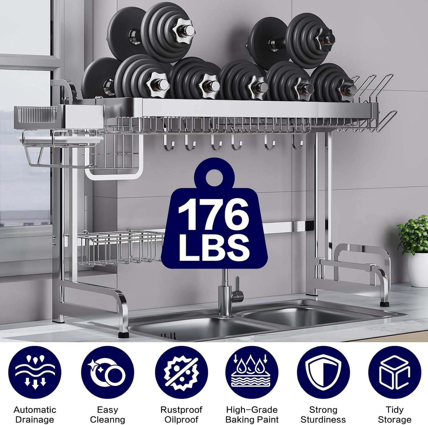 Over The Sink Dish Drainer Drying Rack, 2 Tier Full Stainless Steel Storage Adjustable Length Kitchen Rack, Multifunctional Expandable Counter Organizer, Space Saver Dish Rack