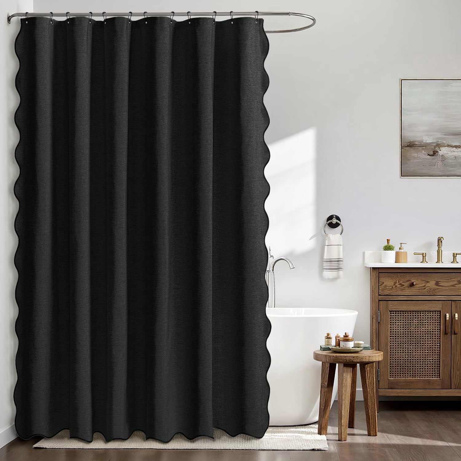 96" Long Scalloped Shower Curtain Linen Textured with 12 Metal Hooks Cute Extra Long Heavy Duty Washable Waterproof Cloth Shower Curtains with Black Border for Bathroom Hotel Bathtub,Black