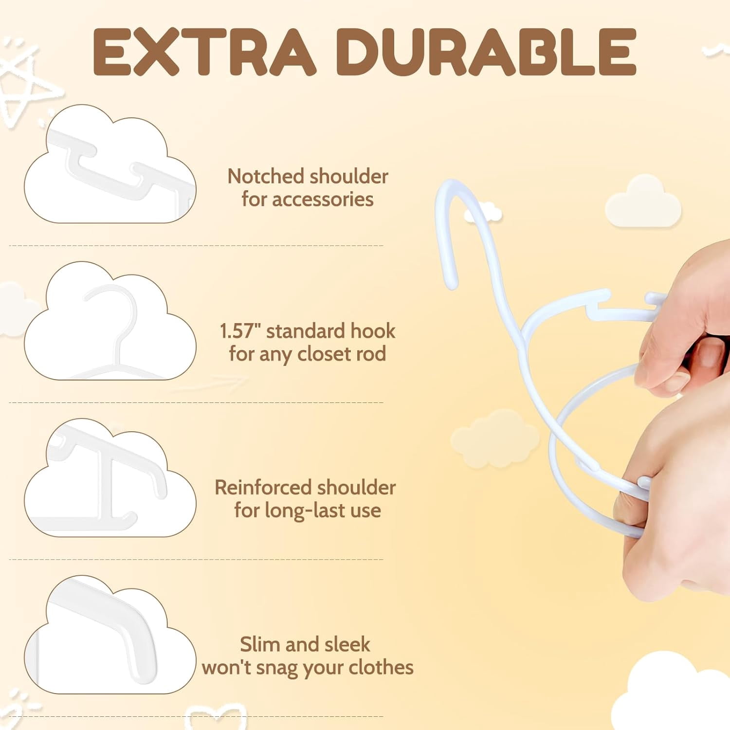 Kids Plastic Hangers, Baby Clothes Hangers for Closet 50 Packs Non-Slip Toddler Hangers for Infant Child Clothing, Small Children, for Pants Coats Skirts (White)