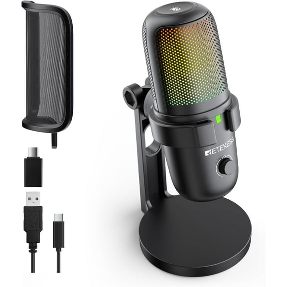Retekess TG201 Gaming Microphone, Noise Cancellation Condenser Mic with Mute, Turnable RGB Lights, Monitoring, Card/Omin, Streaming Microphone, Compatible with MacOS, Windows