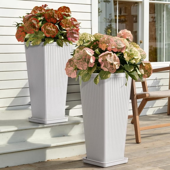 TOPCOMFY Tall Planters for Outdoor Plants Set of 2, 23.6" Modern Tapered Indoor Flower Pots with Drainage Holes/Partition/Tray for Porch Patio Garden, White