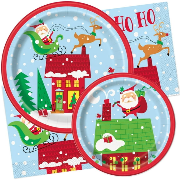 Christmas Plates and Napkins - 16 Santa and Reindeer Dinner Plates, 16 Dessert Plates, 16 Napkins