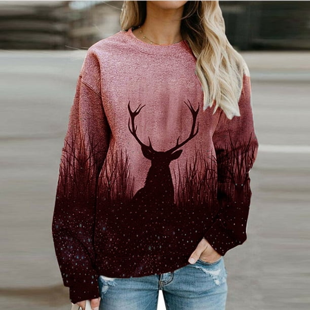 Pntutb Mujeres Chirstmas O Cuello bosque Elk Sudadera de manga larga Casual Pullover tops Pntutb Pntutb-8861