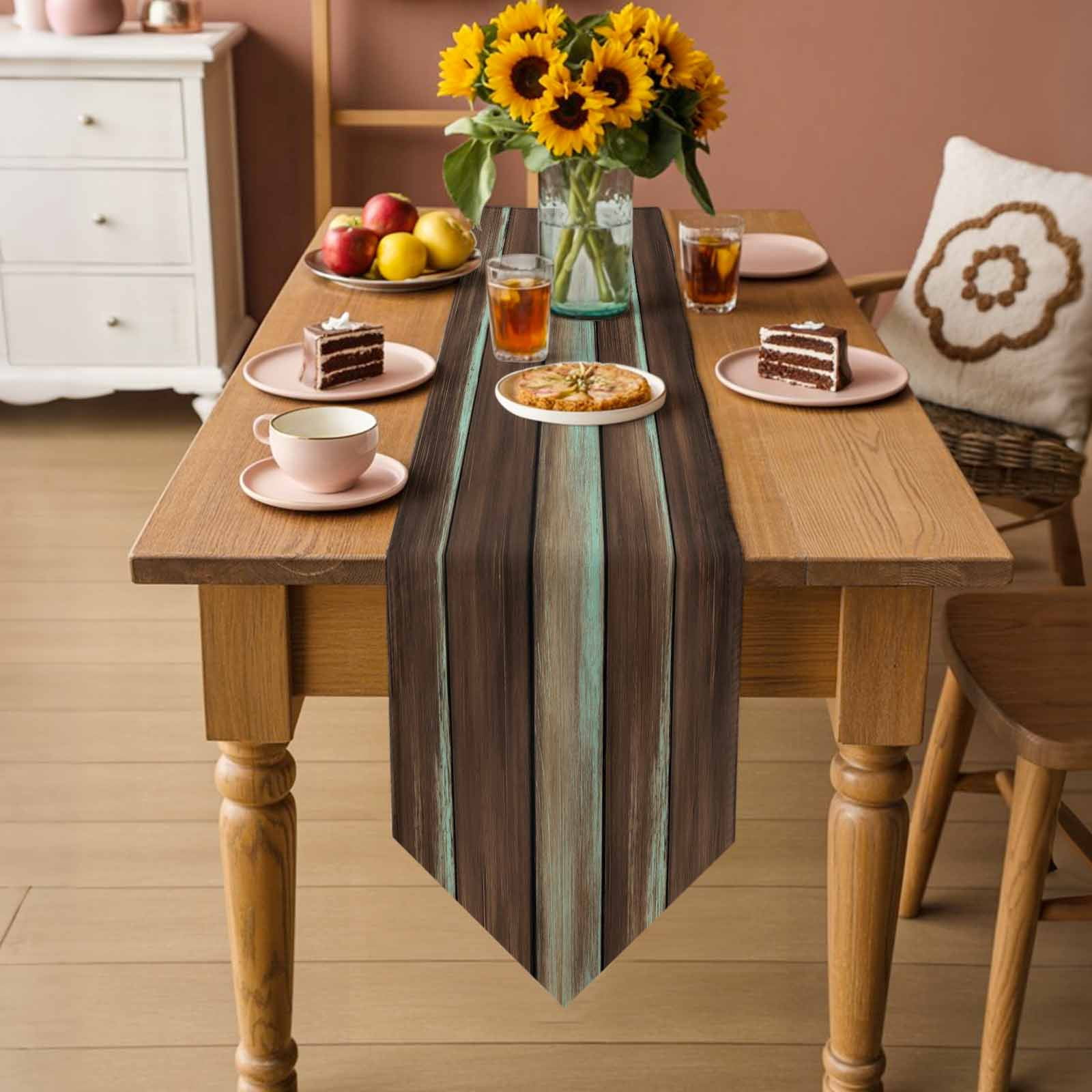 Table Runners 120 Inches Long, Brown Teal Wooden Cotton Linen Kitchen Dining Coffee Table Runner for Party Home Decor, Vintage Farmhouse Retro Art Tabletop Dresser Scarves Runner Decor 13x120 Inch